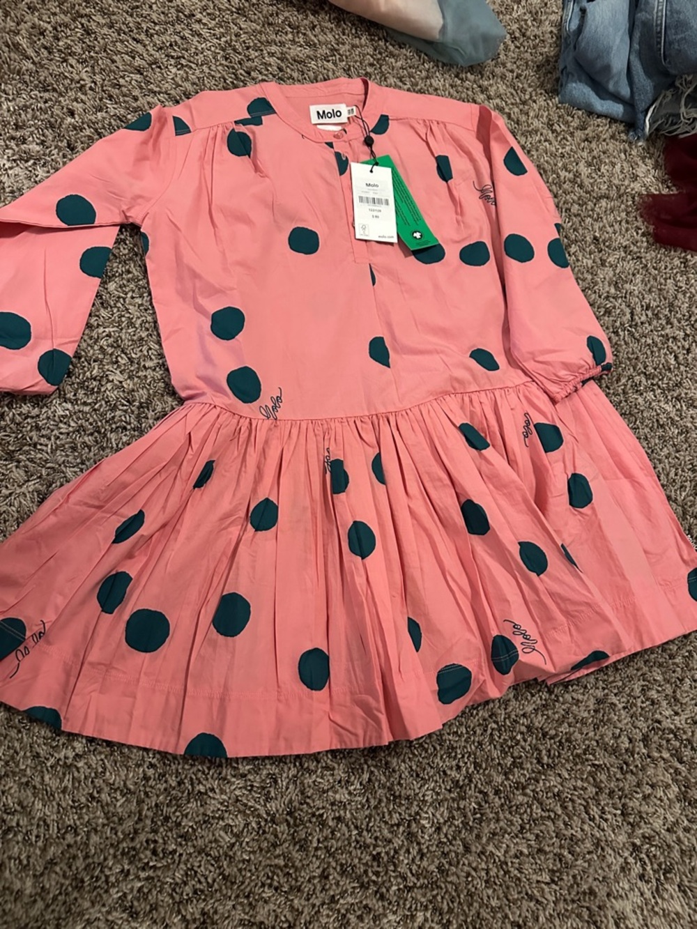 Molo Coral Pink Dress with Teal Polka Dots